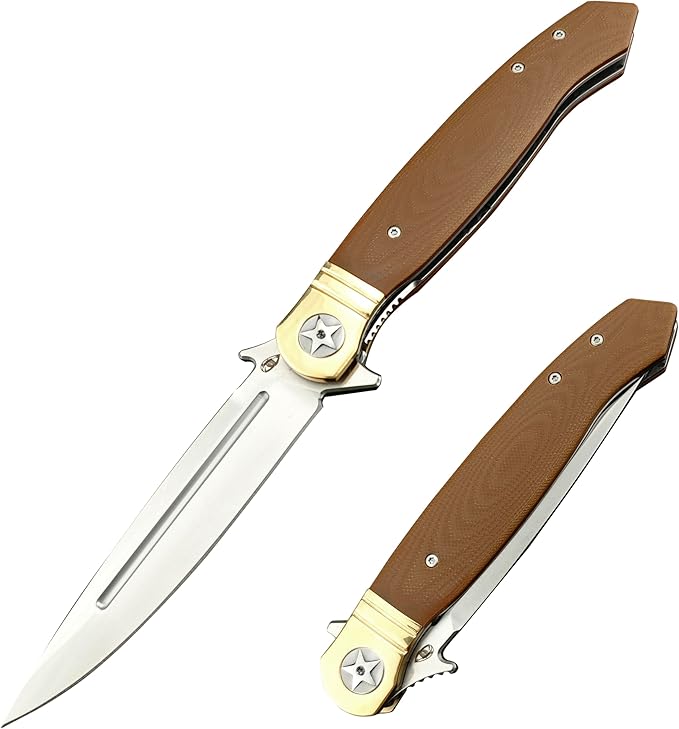 10 Large Finka-NKVD Flipper Opening Pocket KnifeFolding Knives with Clip and Liner Lock440C Blade and Brown G10 HandleEDC Tool for CampingHikingFishing (Brown)