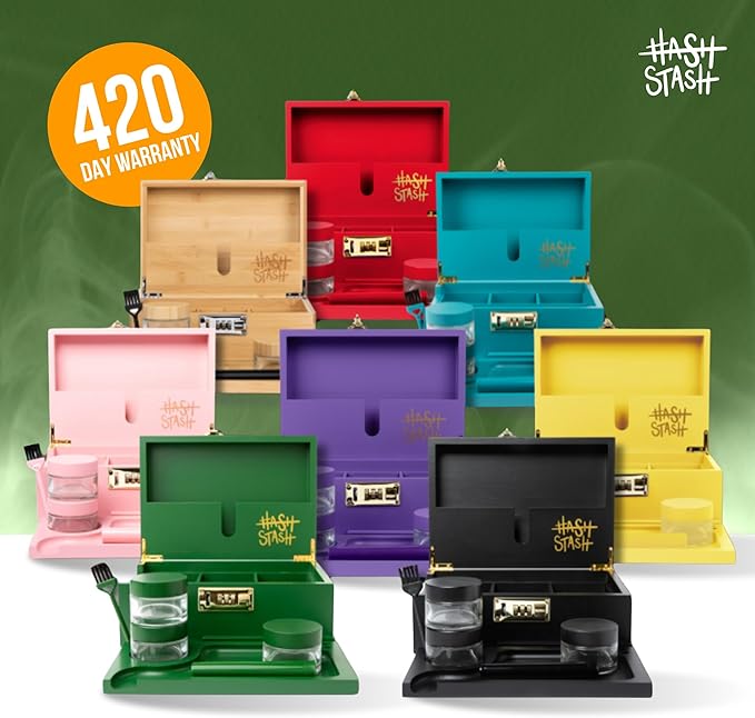 The OG Stash Storage Box - Large Bamboo Box with Combination Lock Magnetic Lid Organizer Tray 3 Jars and Brush - Portable Decorative Wooden Lock Kit with Accessories (Green/Gold)