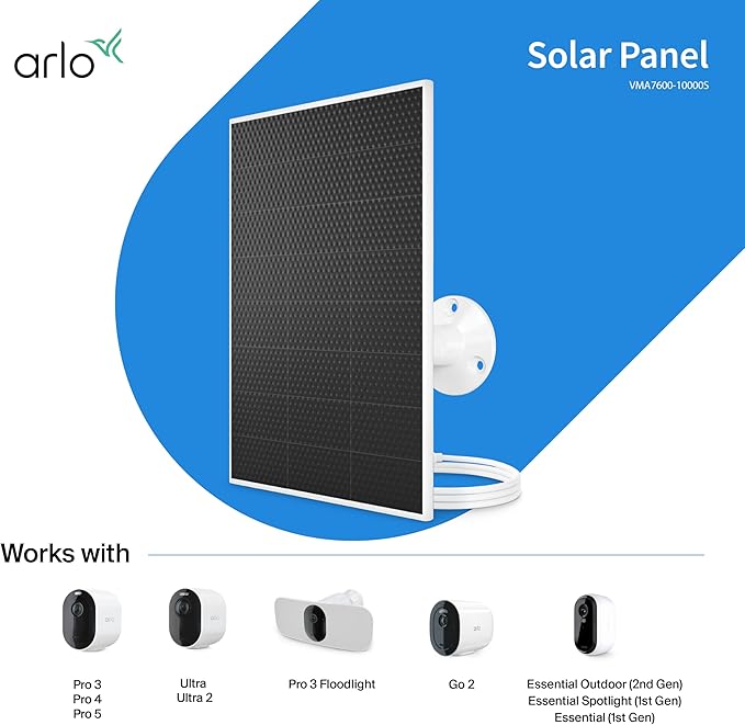 Arlo Solar Panel Charger (White) Arlo Certified Accessory Weather Resistant Easy Install (2025 Released) Works with: Essential Series Go 2 Pro 3/4/5S/6/6 XL Ultra Series Wireless Floodlights