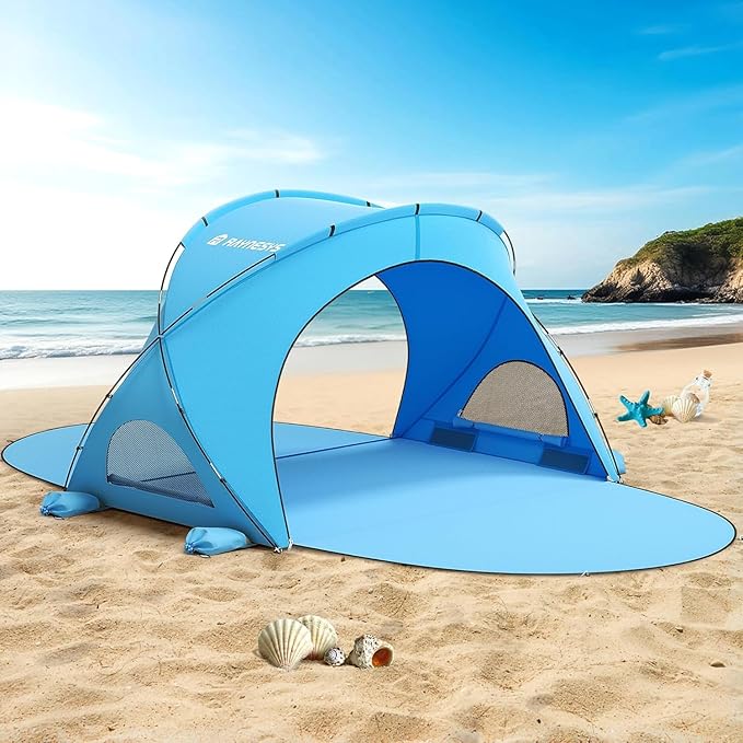 Raynesys Beach Tent Sun Shelter Beach Shade Tent with UPF50+ UV Protection Portable Sun Shelter for 1-3 Person Shade Tents with 2 Zippered Doors for Sand Camping Fishing Blue