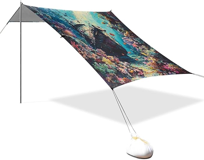 ALAZA Sunken Ship Coral in Sea Beach Tent Sun Shelter UPF50+ Protection Beach Shade Canopy w/ 4 Sandbags for Outdoor Camping Fishing Backyard Fun Picnic 10x9 ft