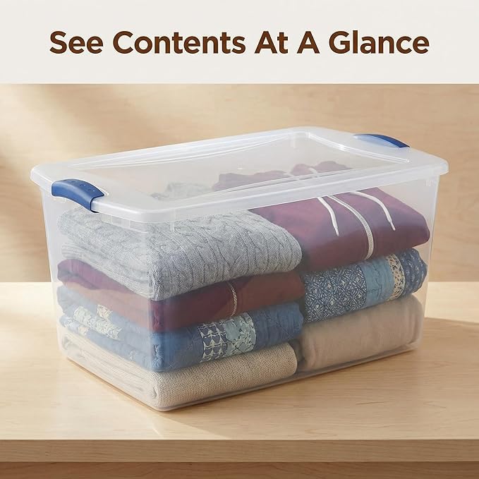 （4-Pack） 66QT Transparent Plastic Storage Box with a Secure Locking Cover Stackable Suitable For Organizing Household Items Garage and Office Use.