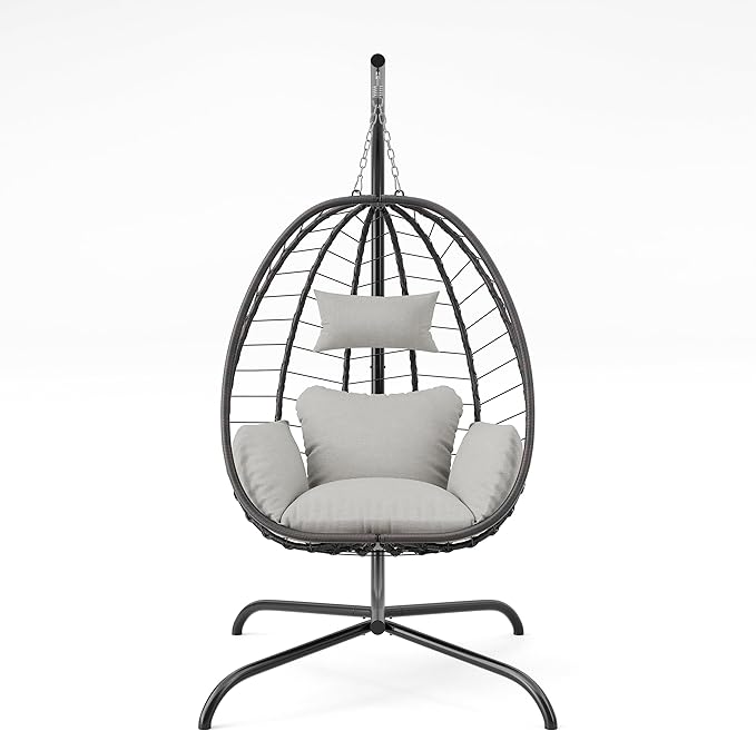 ALAULM Foldable Egg Chair with Stand 485LBS Capacity Wicker Rattan Hammock Swing Chair for Outdoor &amp Indoor Hanging Chair with Strong Frame &amp UV Resistant Cushion for Balcony Bedroom Cream