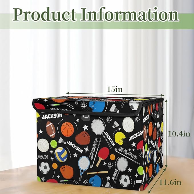 Sport Basketball Soccer Custom Storage Bins with Lid Foldable Fabric Personalized Storage Basket Box with Handle Storage Organizer Container for Home Bedroom Closet