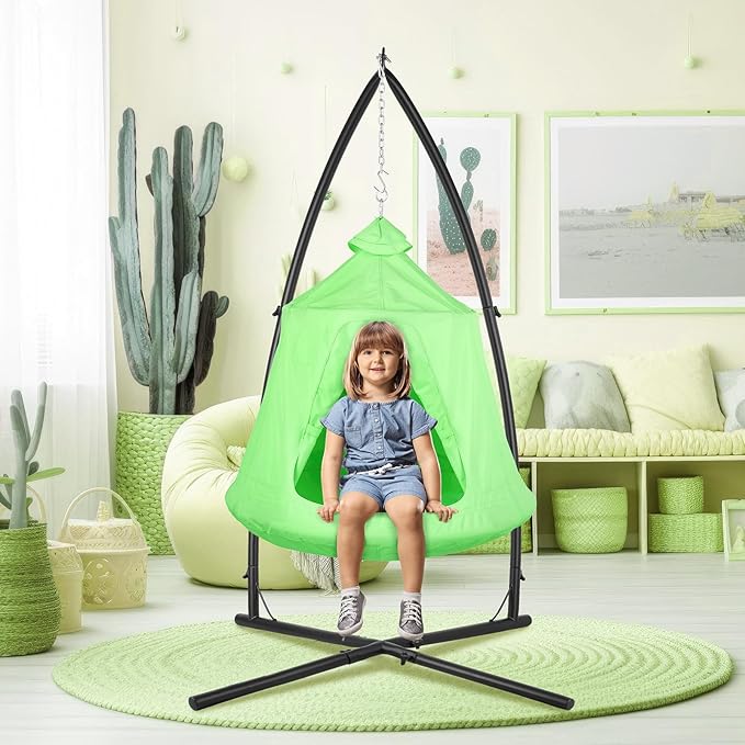 Arlopu Hanging Hammock X-Stand w/Tree Tent Indoor Metal Swing Chair Stand w/Play Tent Outdoor Egg Basket Patio Seat w/Support Stand Porch Bedroom Balcony Chair w/Adjustable Solid Stand (Green)