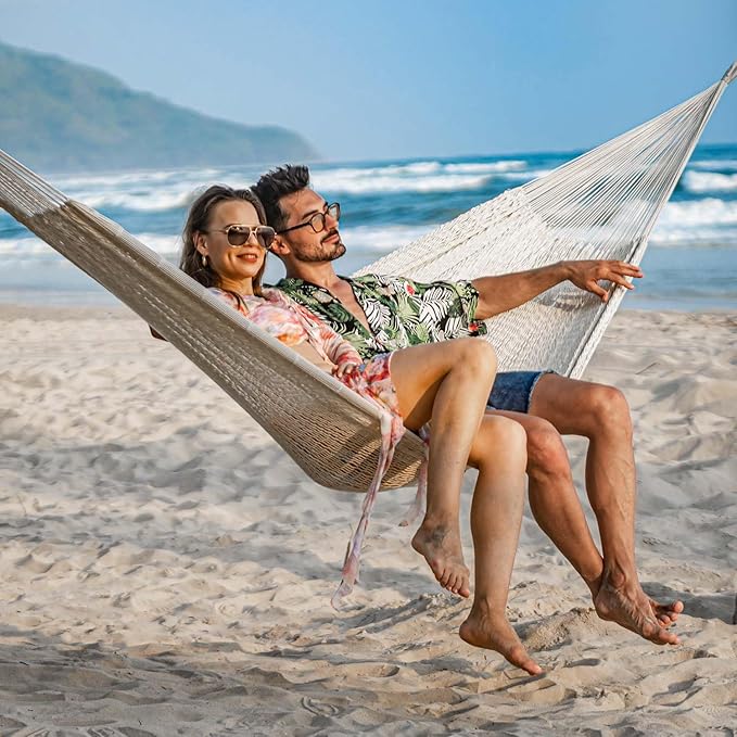 Lazy Daze Hammocks Handwoven Mayan Hammock 10.5 FT Soft Rope Double Hammocks Portable Outdoor Hammock with Carry Bag 2 Straps &amp Carabiners for Patio Outside 550 lbs Weight Capacity Natural