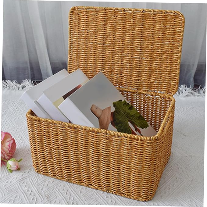 Garneck Faux Rattan Storage Box with Lid Small Sundries Organizer for Bedroom Wardrobe Living Rustic Style Household Storage Bin for Clothes and Books Practical Tiny House Furniture