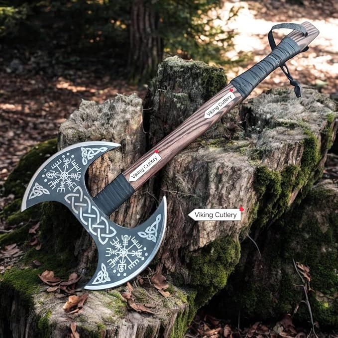 Double Head Viking Axe 27 Inch Handmade Real Viking Berserker Axe - Large Norse Axe Hand Forged Carbon Steel Axe Double Blade Ax - Hewing Broad Axe Best Gift for Men