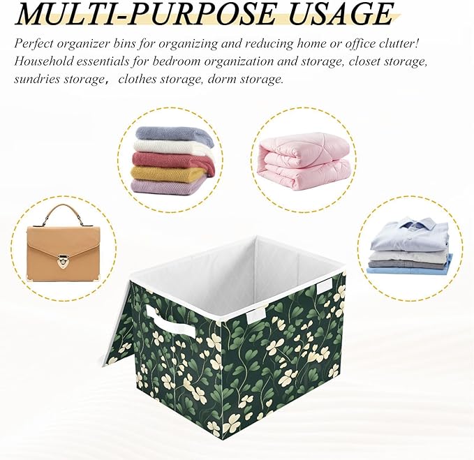 Shamrock Storage Baskets with Lids and Handles St. Patrick's Day Collapsible Bins Stackable Fabric Linen Baskets Closet Organizer Container 16.5x12.6x11.8
