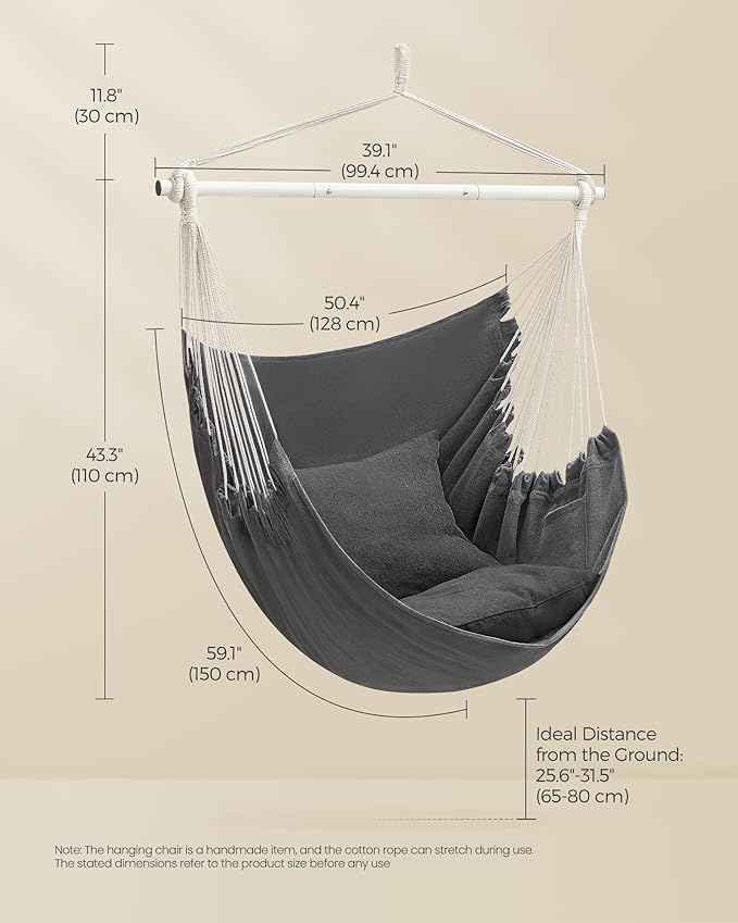 SONGMICS Hammock Chair Load Capacity 500 lb Hanging Chair with 2 Cushions Large Hammock Swing with Chain and Pocket for Indoor Outdoor Living Room Bedroom Slate Gray UGDC197G02