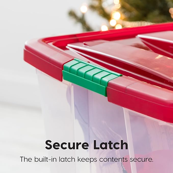 IRIS USA 94 Qt. Stackable Plastic Storage Bins with Lids 2 Pack - BPA-Free See-Through Organizing Solution Latches Durable Nestable Containers Secure Pull Handle Made in USA - Red