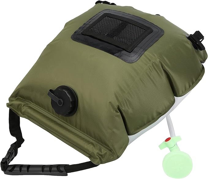 Outdoor Solar Heated Shower Bath Bag Portable Water Storage Bags for Shower 20 Liter Camping Shower Bag Kit with Thermomete Storage Mesh Bag Handle Hose and Shower Nozzle