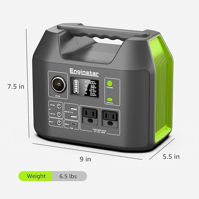 EnginStar Solar Generator 300W Portable Power Station 296Wh Lithium Battery Backup w/Two 110V Pure Sine Wave AC Outlet for Camping Road Trip RV 80000mAh Sufficient Power Supply for Blackout