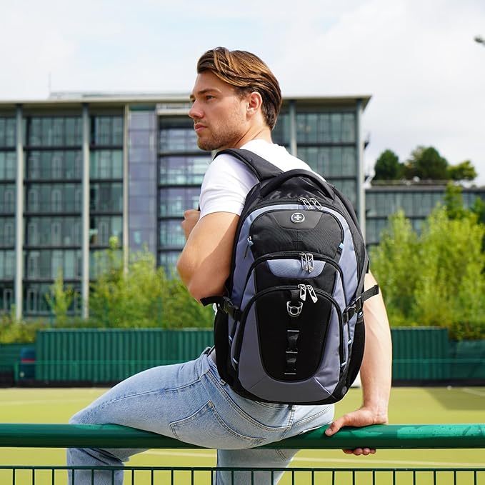 Swissdigital Design Laptop Backpack with USB Charging Port Travel Backpack Fits 15.6 inches Computer 31L College School Backpack for Men Haze Blue/Black | SD803-16