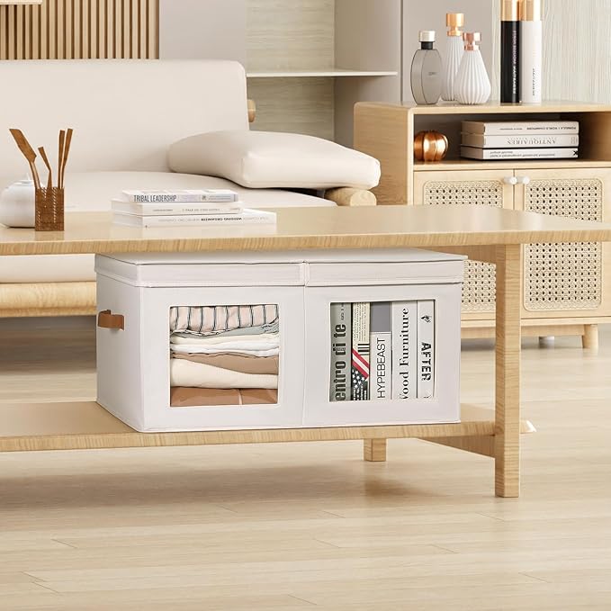 Univivi Large Storage Boxes with Lids Collapsible Foldable Storage Bins for Clothes [2-Pack] Fabric Storage Cubes with Handles Closet Organizers for Home Bedroom (Beige 24” x 17” x 12)