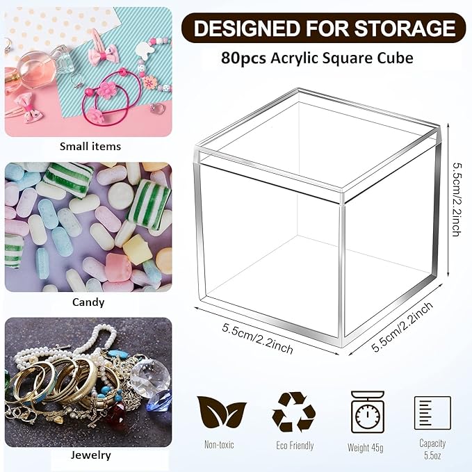 Tuanse 80 Pcs Acrylic Box with Lid Clear Small Acrylic Box Plastic Square Cube with Lid Mini Containers Display 2.2 x 2.2 x 2.2 Inch for Candy Pill Tiny Jewelry Toys Gifts