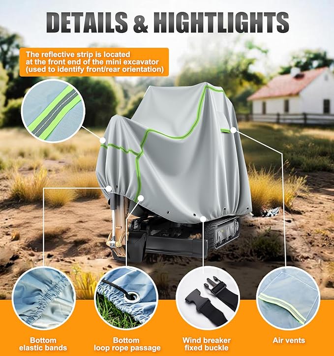 Mini Excavator Cover Fits 3000-4000 lbs Models Mini Excavator Covers Waterproof Compatible with Bobcat E20/Kubota U17/Caterpillar/John Deere 17G 600D Excavator Cover Heavy Duty Excavator Cover.