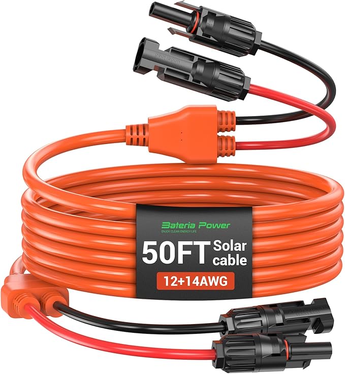 Solar Extension Cable 14AWG Tinned Copper with Solar Panel Connectors 12AWG Red &amp Black Branch Wires Heavy Duty Outdoor Power Cord for RV Inverter Generator Off-Grid System (50FT)
