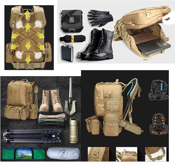 Tactical Backpack 55L with Built-up 3 MOLLE Bags Rucksacks for Travelling