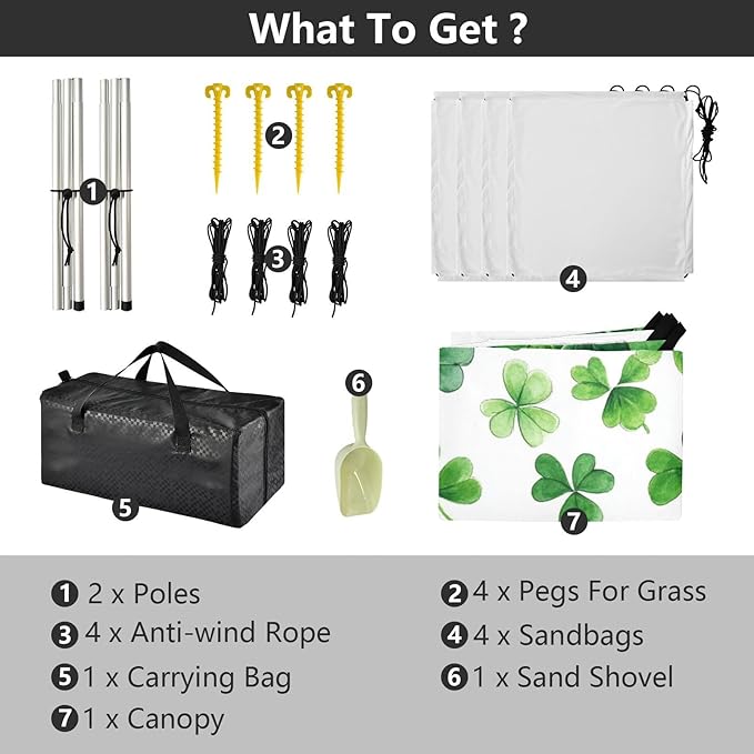 ALAZA St. Patrick's Day Green Clover Leaves on White Beach Tent Sun Shelter Portable Canopy Sunshade for Outdoor Camping Picnics Backyard Fun 10x9 ft