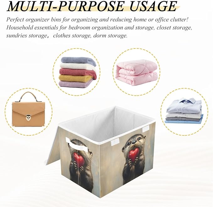 AIXIWAWA Lidded Storage Cube (Heart Otter) Fabric Foldable Closet Bins with Flip Lid and Handles Organizer Basket Container 16.5 x 12.6 x 11.8 IN