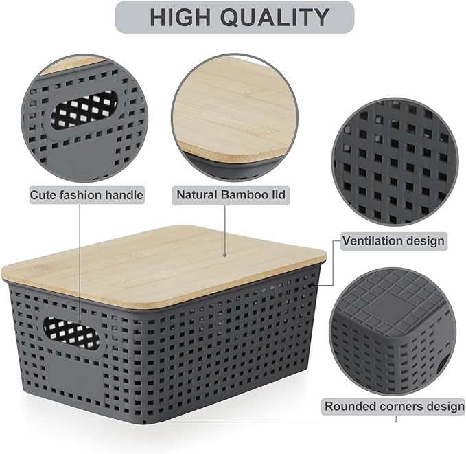 Small Plastic Storage Bins with Bamboo Lids 5.2qt Stackable Box Basket Pantry Decorative Containers Cute with Lable for Organizing Desktop Closet Office Gray of 6 packs 10 * 7.2 * 4.1