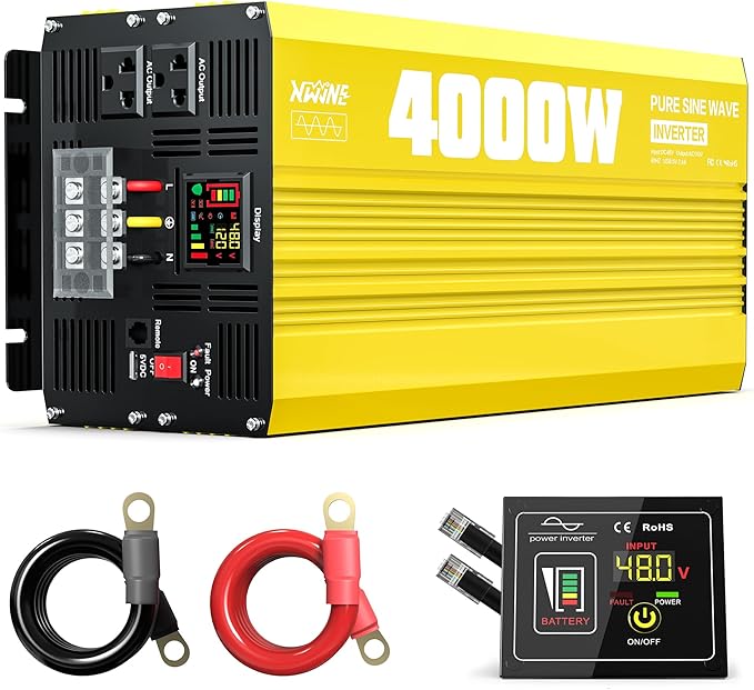 XWJNE 4000W Pure Sine Wave Power Inverter 48V DC to 120V AC Converter with LED Display and Remote Controller for Home RV Truck Off-Grid Solar Power