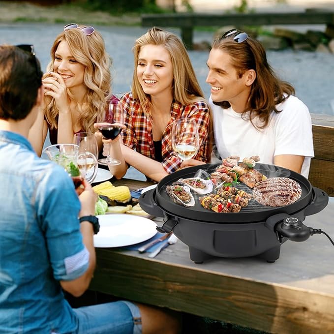 1200W Electric Grill Outdoor 2-in-1 Freestanding &amp Tabletop BBQ Grill w/Thermometer Nonstick Griddle Lid &amp Drip Tray Portable Camping Grill for Patio Backyard Party (Red)