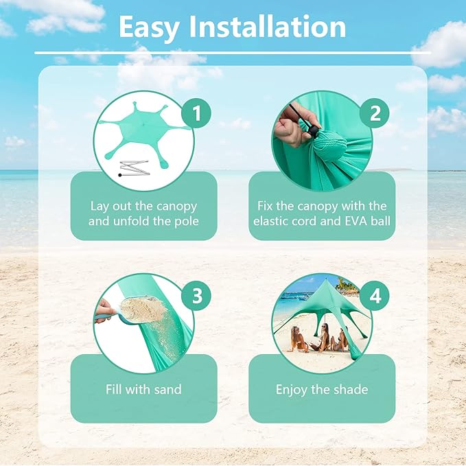 Tangkula Beach Canopy Tent UPF50+ Beach Sun Shade with Sand Shovel 6 Ground Pegs 6 Sandbags Supporting Pole Carry Bag Pop Up Beach Sun Shelter for Camping Fishing Trip