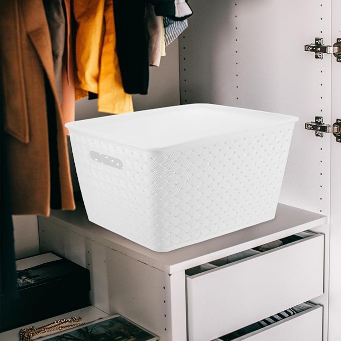 Plastic Storage Bins White Organizer Basket with Lid and Handles Woven Design Storage for Pantry Shelves Closet Playroom Classroom and Office