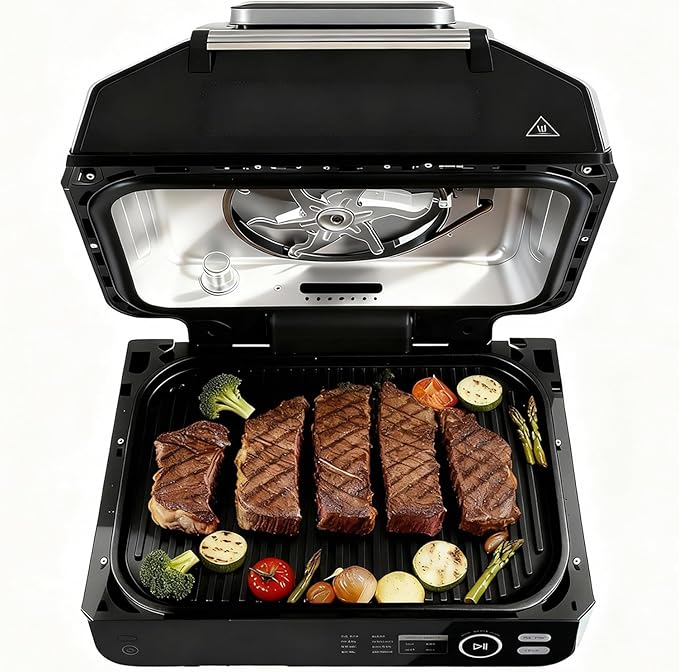 OLIXIS Electric Grill Outdoor/Indoor 8-in-1 Multifunctional Large Electric BBQ Grill for Air Fry Bake Roast Steak Broil and Dehydrate Safe Non-Stick Coating Fry Basket Included
