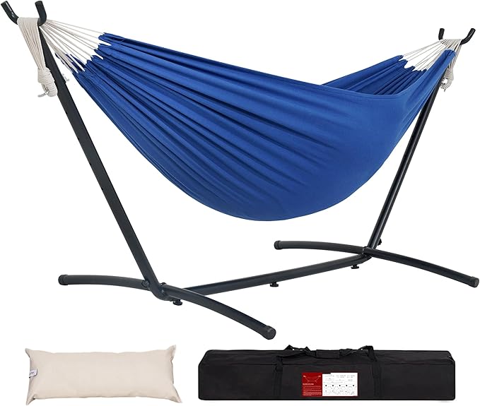 Lazy Daze Hammocks Double Hammock with 9ft Space-Saving Steel Stand Includes Portable Carrying Case 450 Pounds Capacity (Dark Blue)