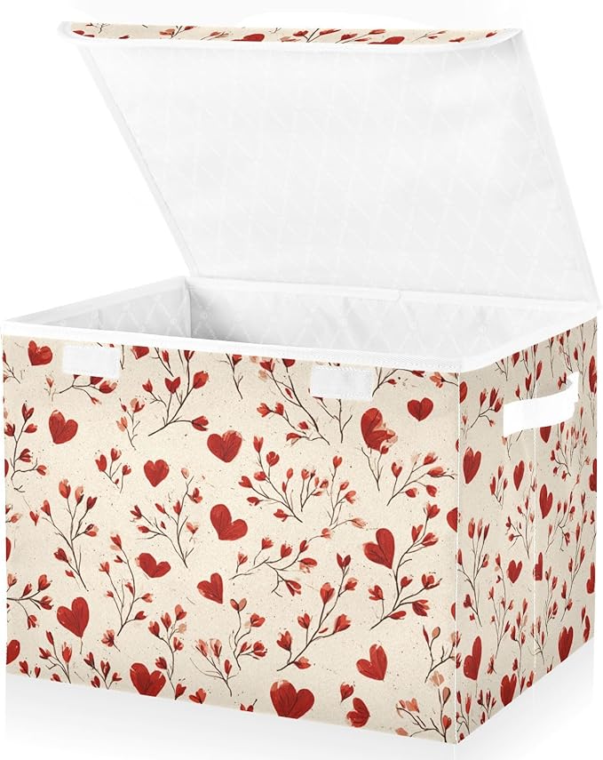 Valentine Hearts Flowers Beige Storage Box with Lid 1 PC Foldable Storage Bin with Lids Stackable Storage Bins Cube Closet Organizer Basket with Flip-Top Lid &amp Handles for Shoes Books Towels