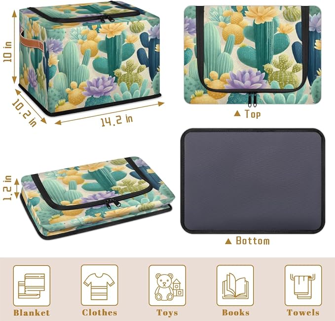 Cactus Storage Bins with Lids Flower Collapsible Cube Storage Basket with Leather Handle Foldable Storage Box with Lids for Organizing Home Closet