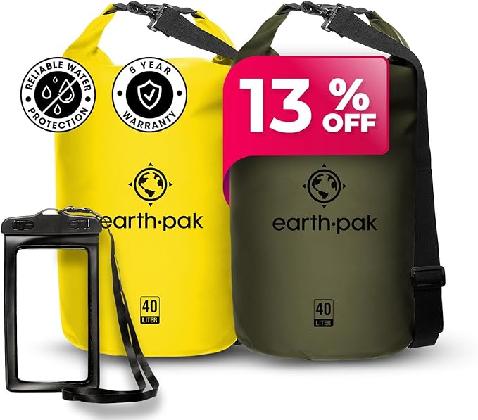 Earth Pak Waterproof Dry Bag - Roll Top Waterproof Backpack Sack (Yellow 40L &amp Blue 30L)