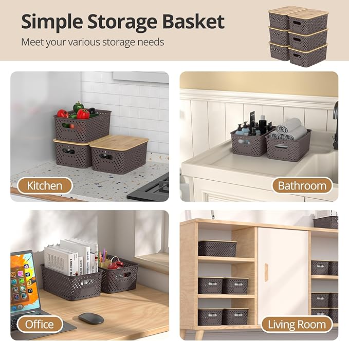 Plastic Storage Bins with Bamboo Lids Stackable Small Box Baskets for Organizing and Containers for Shelves Drawers Desktop Closet Pantry Classroom Office Home 6 Pack 10.2x7.2x4.1 Inch Brown