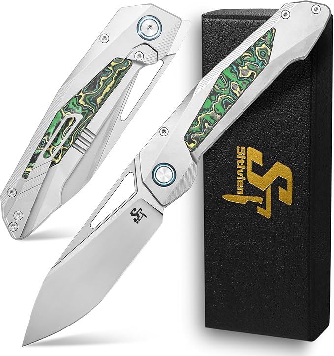 Sitivien ST666 Folding KnifeHandmade M390 Pearlescent Polishing BladeTitanium &amp Colorful Carbon Fiber Handle Pocket Knife EDC Tool Knifes for Outdoor CampingHikingHunting(Green)