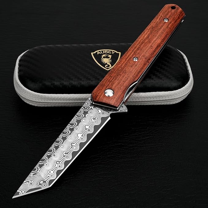 AUBEY Damascus Pocket Knife for Men Sharp Tanto Blade with VG10 Core Folding Knives with Wooden Handle and Glass Breaker for EDC Camping Gift Collection