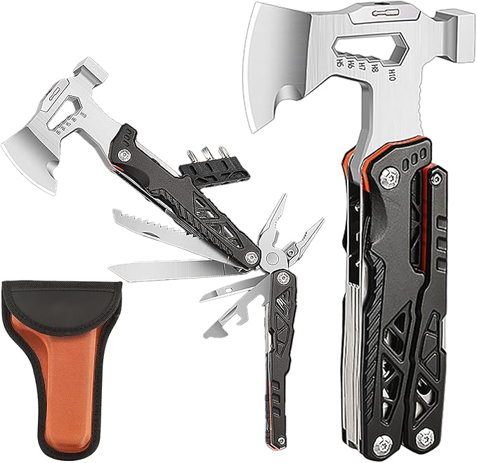 17-in-1 Multifunctional Outdoor Tool Axe with Hammer Plier wrenches utility knife saw bottle opener Multi-bit screwdrivers Great Gift for Men Dad Camping Survival Kit (Black)