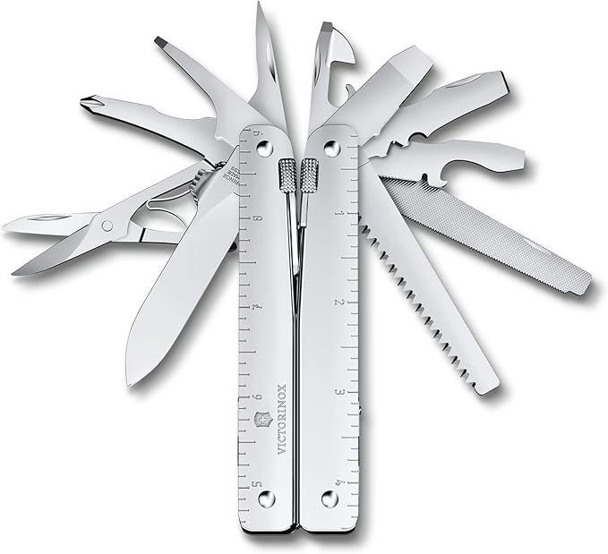 Victorinox Swiss Tool MX Swiss Army Knife 26 Function Swiss Made Multitool with Large Blade Pliers and Wire Cutter - Silver with Nylon Pouch