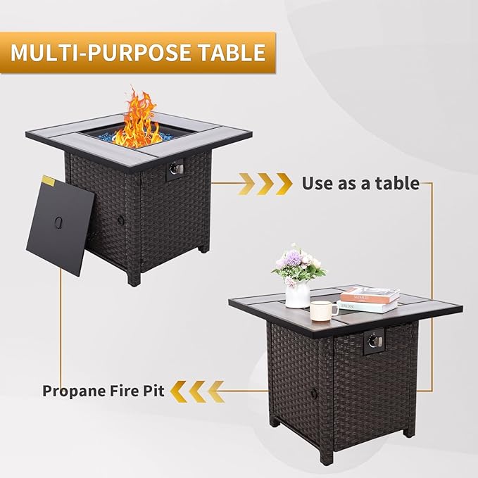 Outdoor Propane Fire Pit 30 Inch PE Wicker Patio Firepit Table with Fire Glass for Outside Parties and Gatherings on Garden Backyard Porch