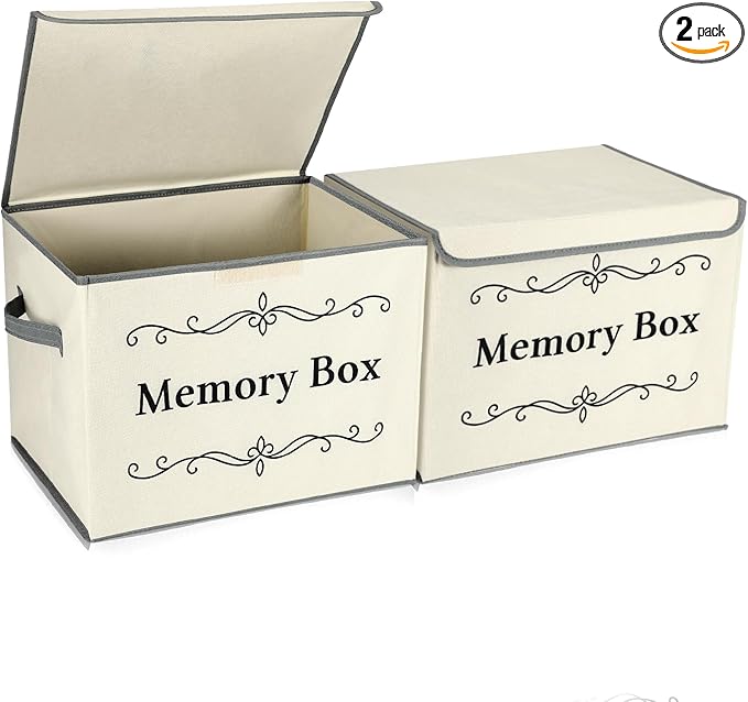 LemonRoad 2Pcs Memory Box Keepsakes for Kid Memory Decorative Storage Box Bin with Lid for Baby Wedding Travel Birthday Anniversary Precious Milestones Gift Loved Ones Treasured 16x12x12''(Ecru)