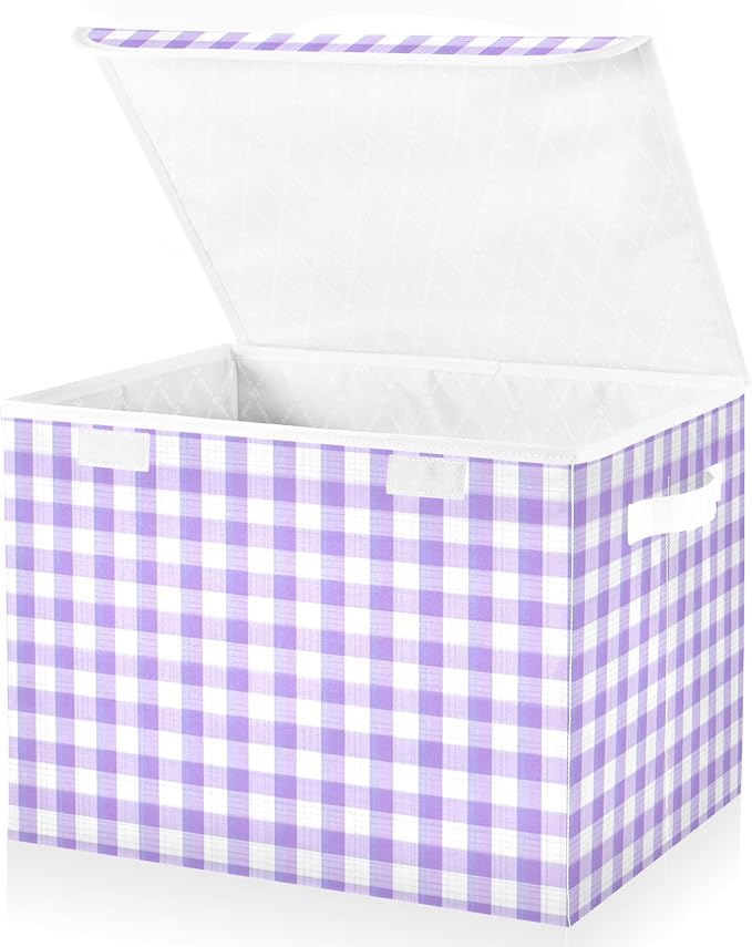 Purple Gingham Checkered Storage Box with Lid 1 PC Foldable Storage Bin with Lids Stackable Storage Bins Cube Closet Organizer Basket with Flip-Top Lid &amp Handles for Shoes Books Towels