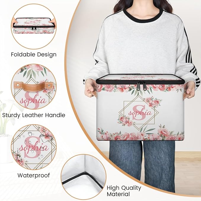 Custom Initials Storage Bins with Lid Foldable Personalized Storage Basket Boxes with Handle Pink Flower Shelf Basket Closet Organizer Cube
