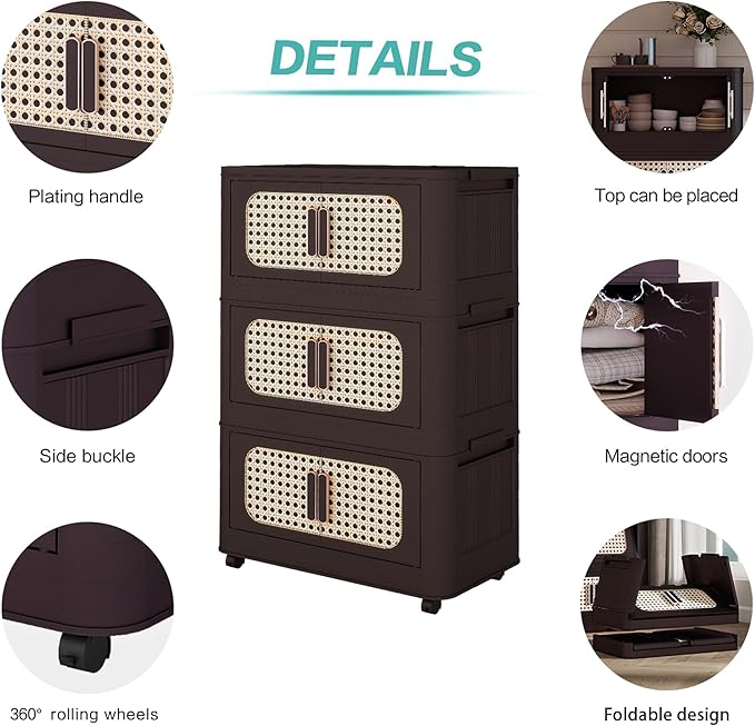 5 Tiers Folding Storage Cabinet20 Side Wide Stackable Storage Bins with Doors and Wheels Space Saving Plastic Cabinet for Living Room Office Dorm Retro Brown