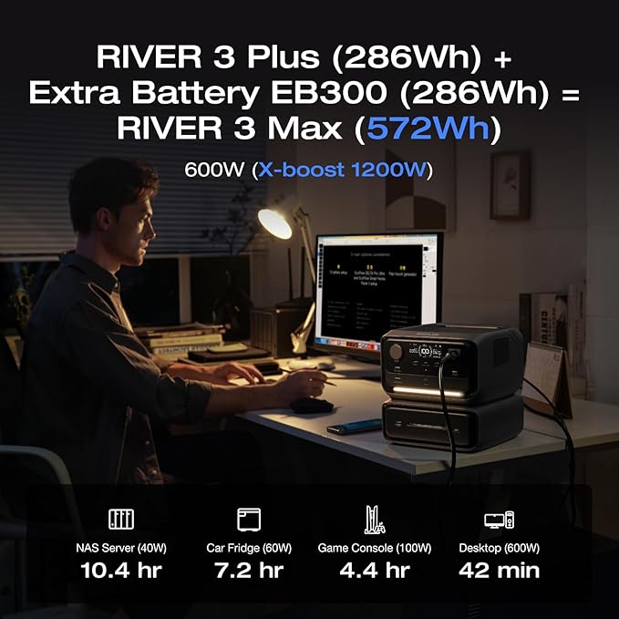 EF ECOFLOW River 3 Plus Portable Power Station Extra Battery EB300 286Wh Expansion LiFePO4 (LFP) Battery with 10-Year Lifespan Built-in 140W USB-C Port for Charging/Discharging Use Independently