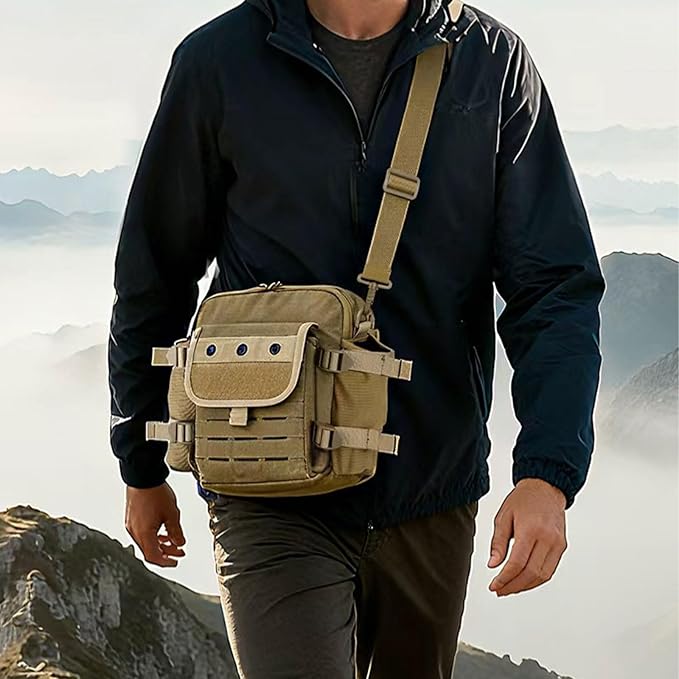 Laser Cut Molle Tactical Sling Bag Backpack for Men - Small EDC Military Molle Crossbody Shoulder Bags (Khaki)
