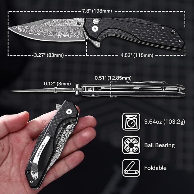 Damascus Pocket Knife with Button Lock G10 Handle 3.35 Sharp Damascus Steel Blade Folding Knives EDC Knifes for Men Camping Hiking Collection