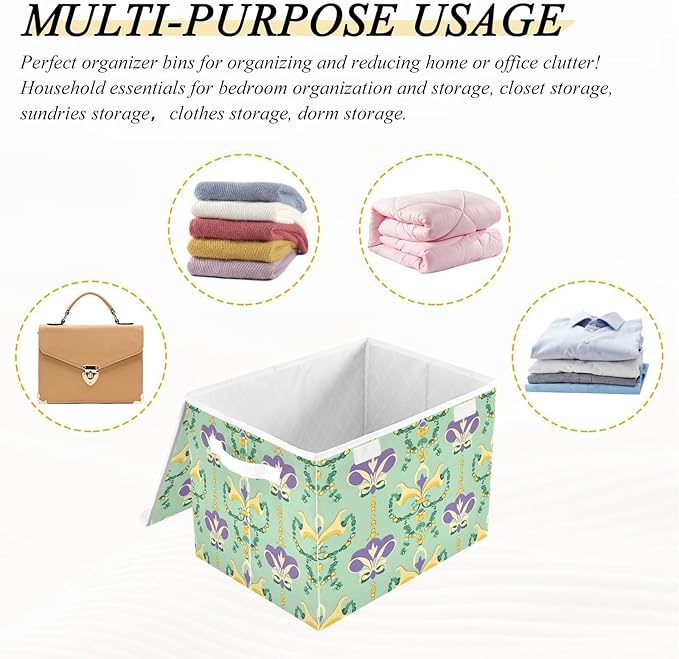 Mardi Gras Storage Baskets with Lids Collapsible Bins Stackable Fabric Linen Baskets Closet Organizer Container for Decorations 16.5x12.6x11.8