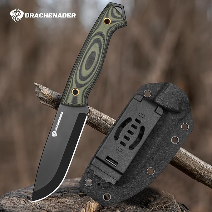 Fixed Blade Survival Knife with Fire Starter Whistle &amp Compass Full Tang D2 Steel Blade Horizontal Carry Sheath for Outdoor Sports